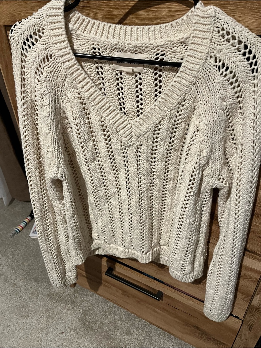 Lucky Brand Cozy Cream Open-Knit V-Neck Sweater